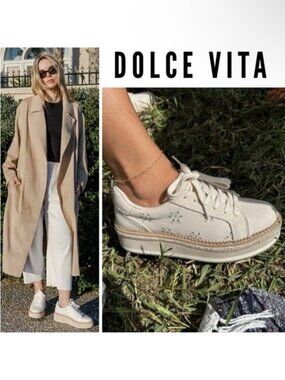 9.5 Dolce Vita Brin Canvas Eyelet Sneakers Platform Shoes Beige Tan Cream Flower